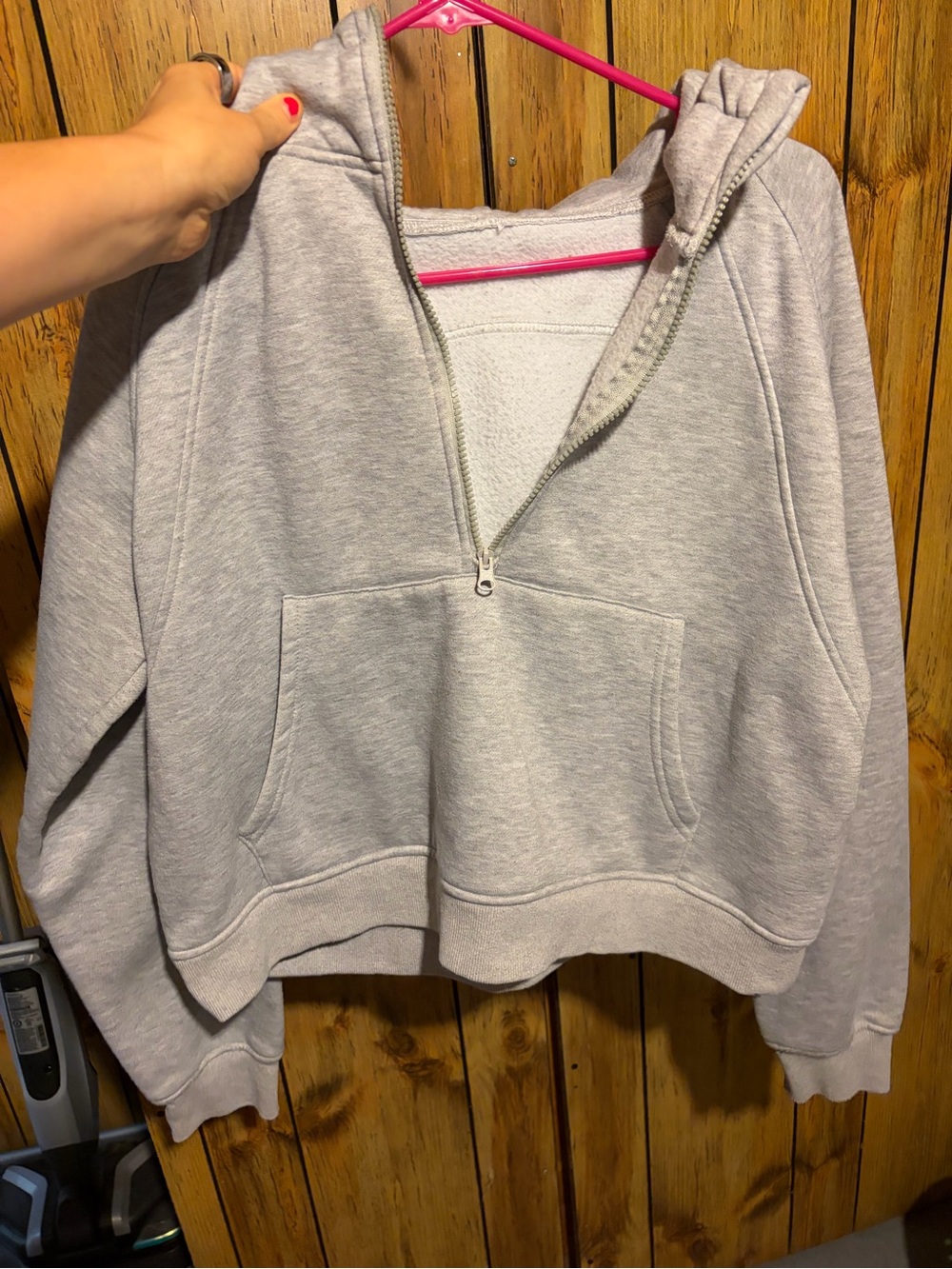Women's Light Gray Half-Zip Hooded Cropped Pullover